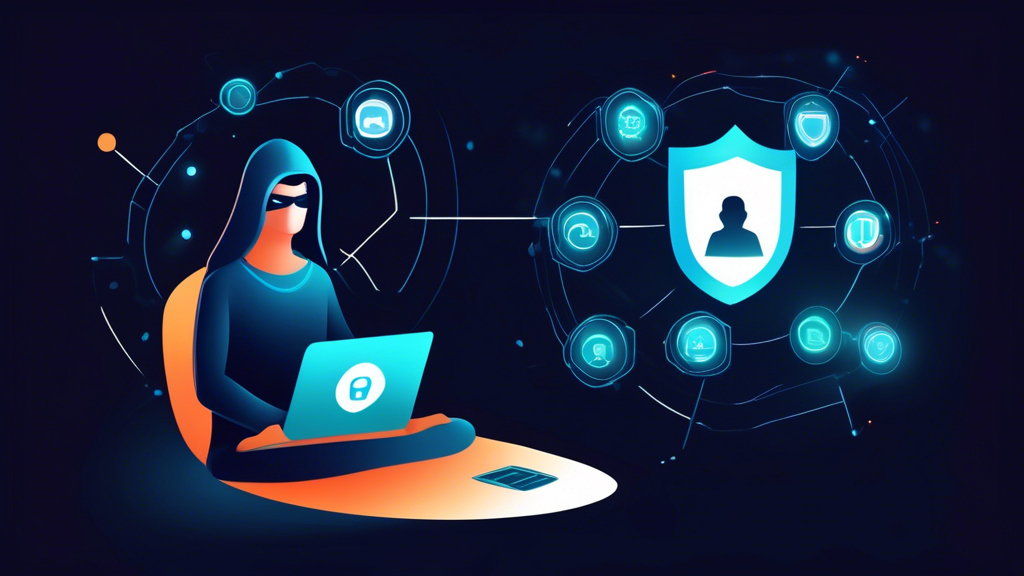 Create an image that depicts a person using a laptop with a glowing shield icon on the screen, symbolizing secure and anonymous browsing. The background showcases a safe, digital environment with shield icons and encrypted data symbols floating around. Elements like a masked face or a blurred figure can indicate anonymity, and subtle representations of geoblocking bypass (like world maps and unlocked content) should be included. The overall feel should be secure, private, and globally connected. Make sure to include the keyword 