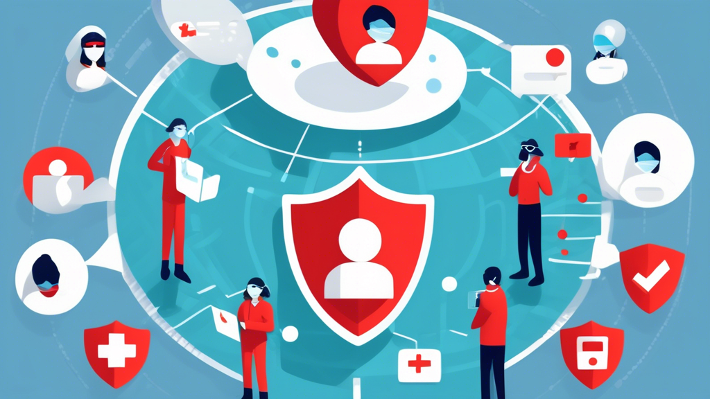 Create an image that depicts a person using an online privacy app to maintain their anonymity in a digital world. The scene should include floating icons for security, masked figures representing anonymity, and a digital shield surrounding the person. The background can feature elements like a globe with location markers, ad pop-ups being blocked, and surveillance cameras with a red cross over them, indicating they are being bypassed. The overall mood should convey a sense of protection and freedom in the online space.