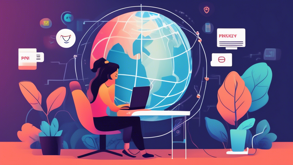 Create an image that captures a person using an online privacy app to access restricted content. The scene should show the individual with a laptop in a cozy room, smiling with joy as their screen displays a previously geo-blocked website or streaming service (like Netflix or BBC). Visualize a globe behind the user, with connection lines indicating VPN servers from various countries. Include subtle icons representing geo-restrictions being unlocked and a digital shield, symbolizing the app’s protection.