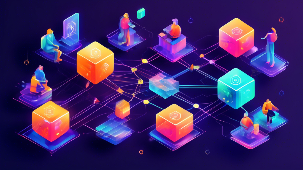 Create an image that visualizes the advantages of decentralized exchanges. Show a blockchain network securing transactions, with transparent nodes representing trust and autonomy. Include users interacting autonomously with their assets, emphasizing increased security, transparency, and control.