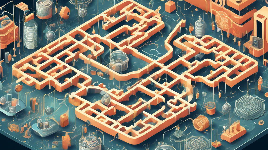 A detailed digital illustration portraying the challenges of decentralized exchanges: on one side, visualize a complex maze with various symbols representing technological hurdles like gears, coding, and locks to denote technical complexity. In the center, show a scale weighing liquid assets and low volumes, illustrating liquidity issues compared to centralized exchanges. On the other side, depict regulatory hurdles, with images like a gavel, legal documents, and global landmarks symbolizing compliance challenges. The background should feature blockchain elements to tie it all together. Keywords: decentralized exchange, complexity, liquidity, regulation.