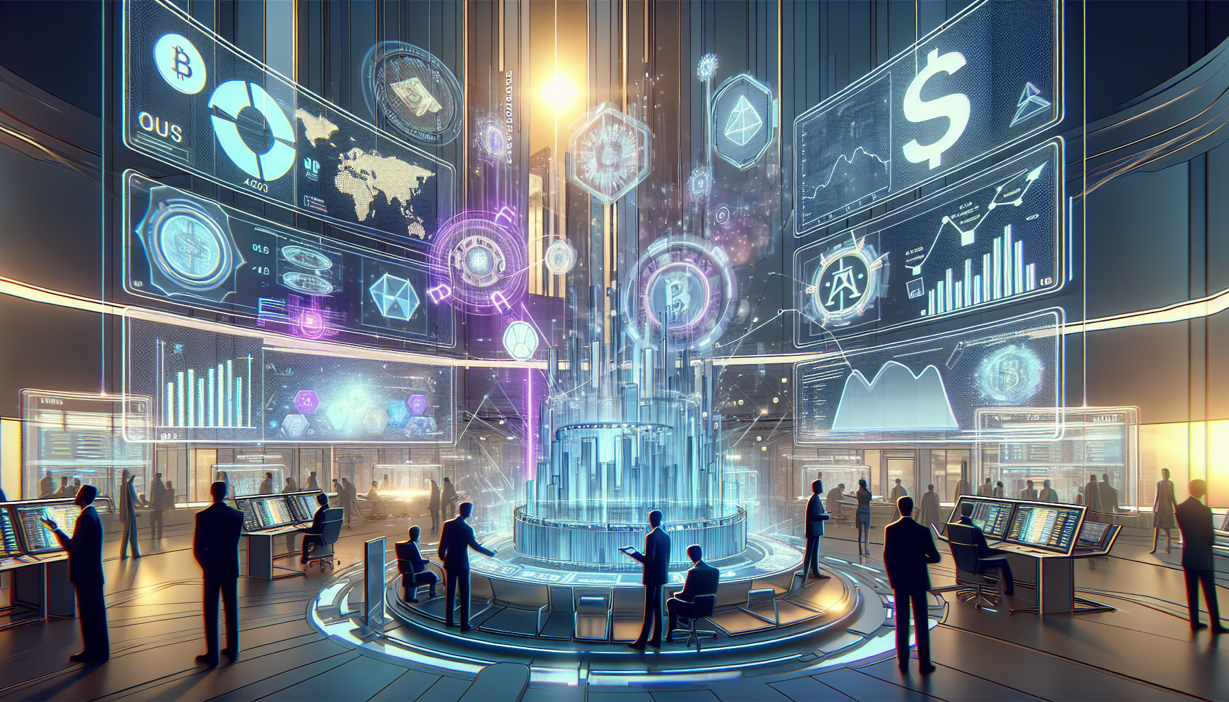 A futuristic depiction of the future of US crypto exchanges: A high-tech crypto trading floor featuring holographic displays, traders using augmented reality interfaces, and advanced AI algorithms analyzing data in real time. The scene should capture the merging of cutting-edge technology with finance, showing dynamic graphs, digital currencies, and regulatory elements integrated into the setting.