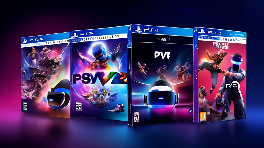 Create an image that showcases the extensive game library and exclusive titles available for the PSVR 2. Include visuals of a diverse range of game covers, featuring both current and upcoming exclusive games, along with a comparison chart highlighting the variety and quality of PSVR 2