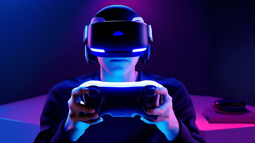 Create an image that illustrates the seamless integration of the PSVR 2 with the PlayStation ecosystem. Show a gamer enjoying the PSVR 2 headset while seamlessly interacting with a PlayStation 5 console. Include elements like the PlayStation Plus subscription service, PlayStation Store, and a variety of game cover arts in the background to signify the convenience and performance benefits of choosing PSVR 2. Highlight the advanced technology and sleek design of both the PSVR 2 and the PlayStation 5.