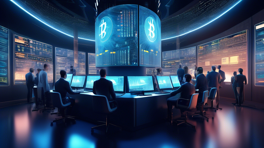 Create a highly detailed and visually engaging image of a futuristic cryptocurrency exchange. The exchange should feature multiple large digital screens displaying live cryptocurrency prices and blockchain transaction data. Show advanced security measures and encrypted data streams, emphasizing the integration of blockchain technology. Include a diverse crowd of tech-savvy professionals and traders interacting with sophisticated trading terminals. The atmosphere should be dynamic, high-tech, and secure, reflecting the leading-edge nature of cryptocurrency exchanges pioneering blockchain utilization.