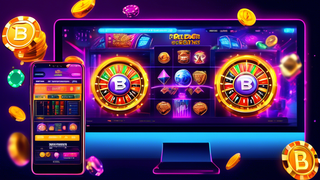 Create an image of a vibrant online casino interface showcasing popular crypto casino games. Include eye-catching slot machines, a progressive jackpot meter, a roulette wheel with the label 