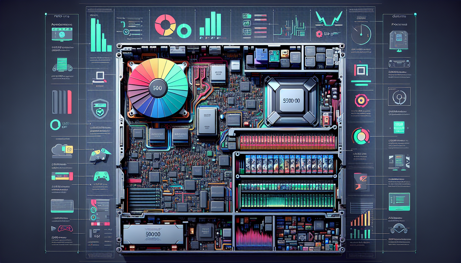 **Prompt for DALL-E:**

A detailed illustration showing the internals of a PS4 Slim 500GB, highlighting its hardware components such as the CPU, GPU, and RAM. To the side, include a visual representation of multiple popular games (e.g., titles like 