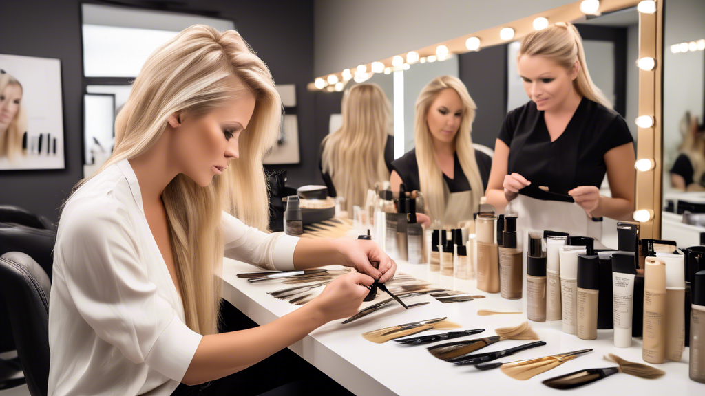 Create an image featuring a serene salon setting, capturing a well-organized workstation filled with essential tools for applying blond foil highlights. Show various shades of blond hair color swatches, foils, brushes, and lightening products neatly arranged. Include a professional hairstylist consulting with a client, holding up different swatches to the client