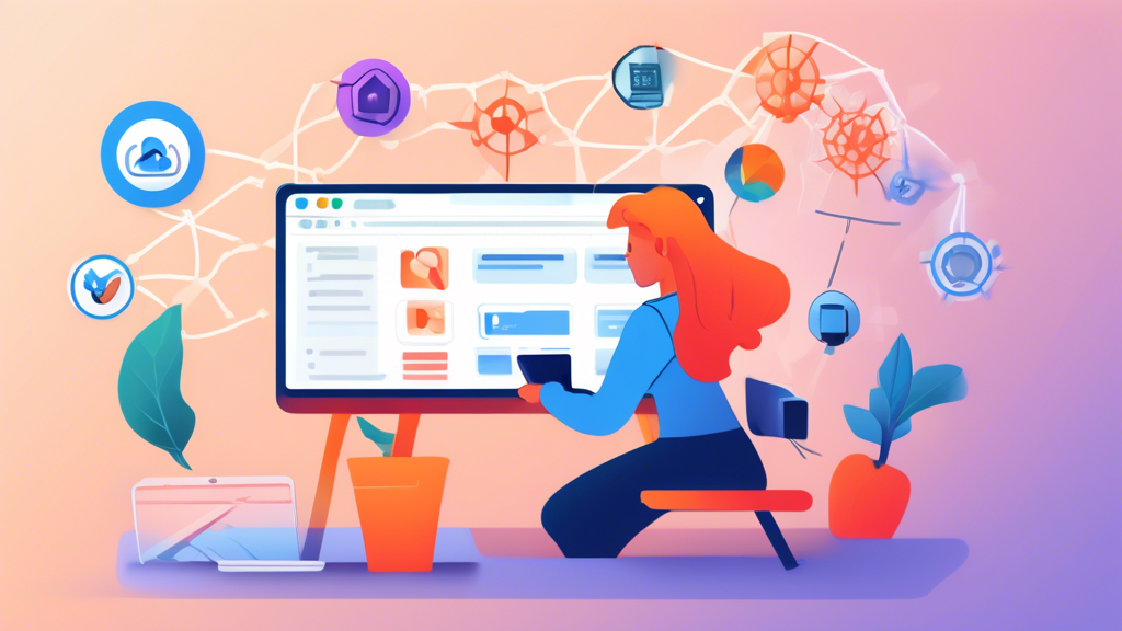 Create an illustration showing a user following step-by-step instructions to unblock their web browser. The user is depicted at a computer, navigating browser settings, clearing cache and cookies, disabling extensions, and updating the browser. Surrounding the central image are smaller icons and graphics representing network settings, firewall adjustments, and VPN usage, giving a comprehensive view of the solutions to unblock the browser.