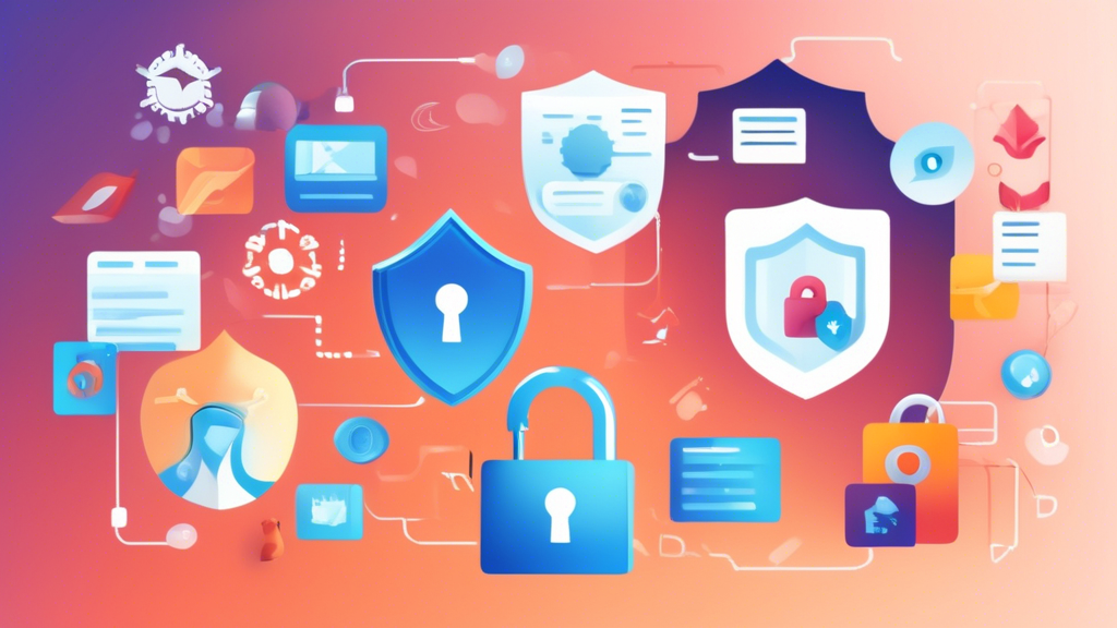 Create an image that visually represents preventative measures for keeping your browser unblocked. Include elements like a computer screen with an open browser that shows pop-up icons for updates, a shield symbolizing security practices, and various icons representing safe browsing habits, such as a padlock for personal information protection and a no malware symbol. The background can include blurred icons of antivirus software and network security settings to emphasize vigilance in maintaining browser health.