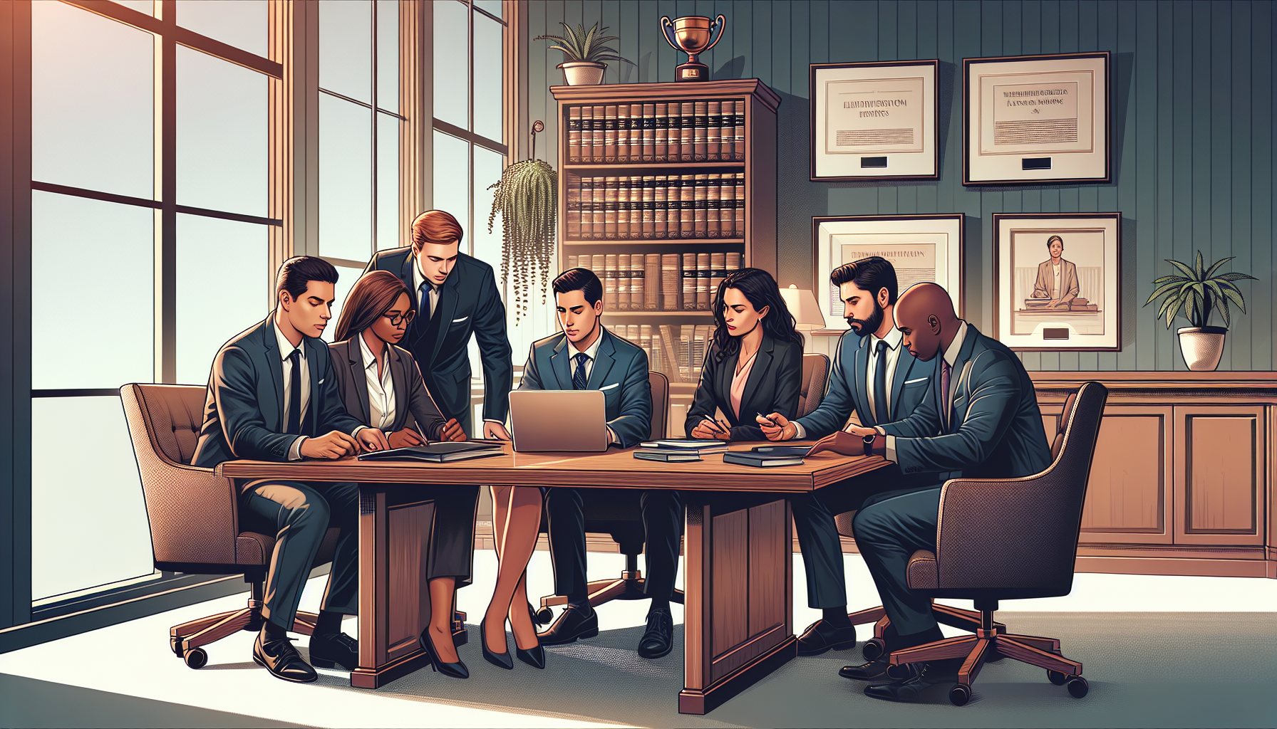 DALL-E prompt: Create an image of a professional and approachable legal team from Morgan & Morgan Law in a well-lit, modern office. They are gathered around a large wooden table, focused intensely on a laptop screen, discussing strategies. The setting reflects a nurturing and supportive environment, with plaques of successful case outcomes on the walls and legal books spread around. The overall atmosphere should exude their commitment to clients, showcasing the attorneys in a collaborative, client-centered discussion.