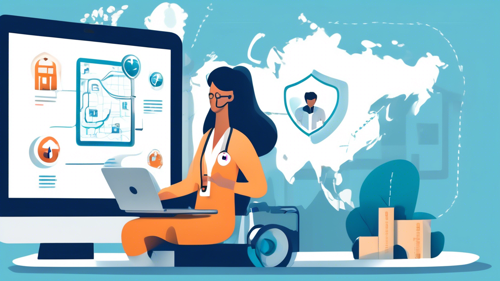 Create an image of a person using a laptop or smartphone, searching online for a CDL physical exam near me. The background should feature icons of medical facilities and clinics, emphasizing transportation-related organizations. Add small elements like checkmarks or certifications next to the medical facility icons to highlight the importance of verified medical examiners. Include a map with visible markers for nearby clinics to emphasize convenience and proximity.