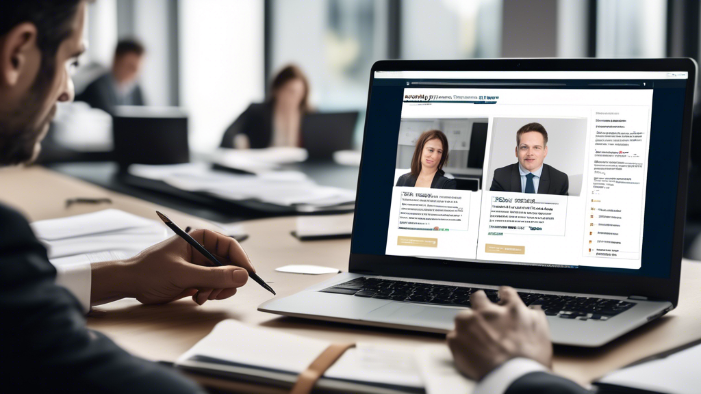 An office scene showing a person researching work injury lawyers on their laptop. The laptop screen displays a professional website with lawyer profiles, client testimonials, and a section showcasing their experience and success rates. Around the workspace, you see notes on a notepad, a cup of coffee, and a smartphone displaying a list of lawyer reviews. The overall atmosphere should be focused and professional, emphasizing the importance of finding a qualified lawyer.