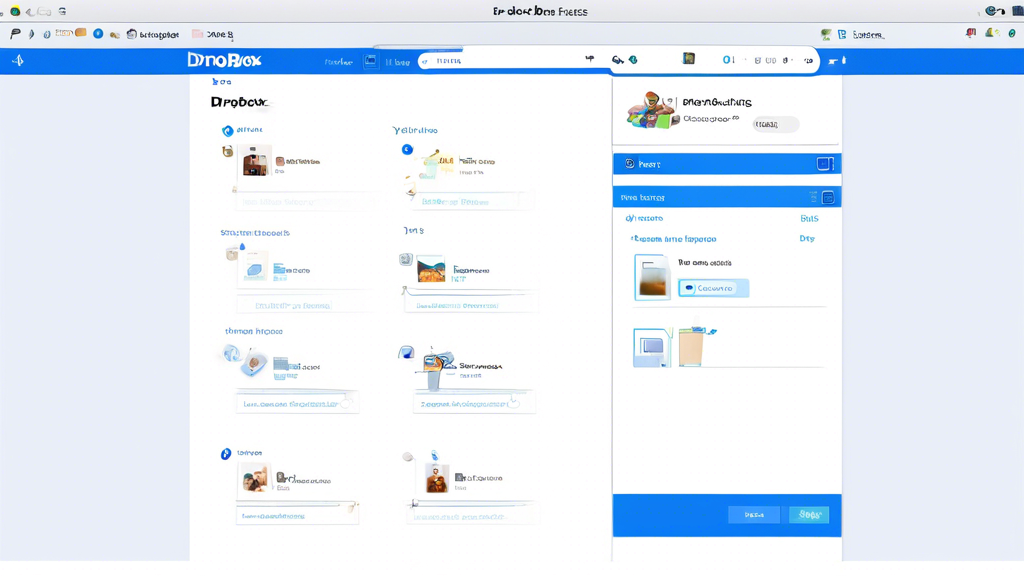 Create an image showing the file management and storage features of Dropbox Free. The image should depict a computer screen displaying the Dropbox interface with organized folders and different file types (documents, images, videos) visible. Include icons or graphics representing the 2GB free storage and options for upgrading to more storage. The overall theme should be clean and user-friendly, emphasizing ease of use.