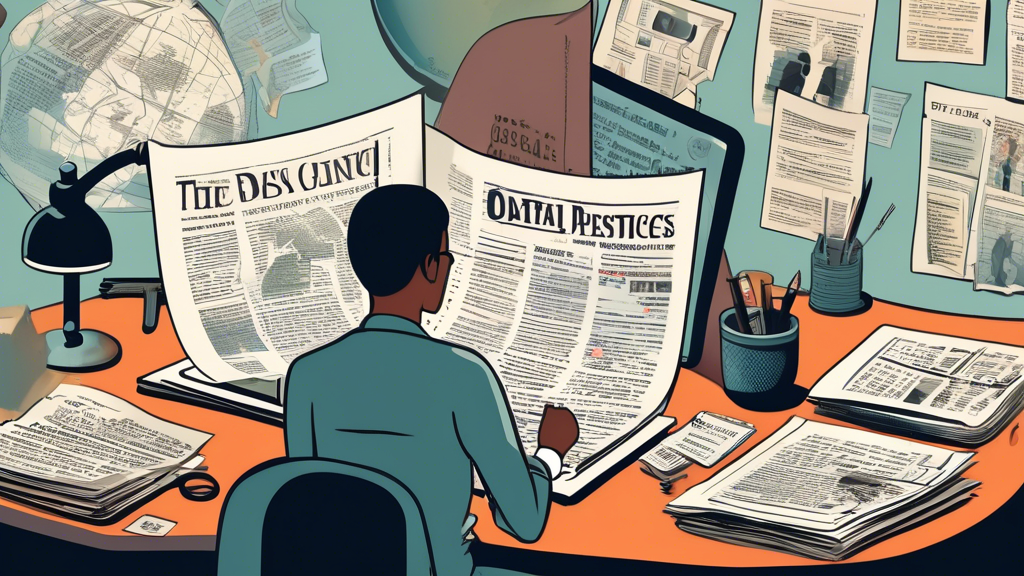 A person sitting at a desk with multiple newspapers, academic journals, and a laptop open to a blog post. They are using a magnifying glass to closely examine text on one of the pages. In the background, thought bubbles with various symbols like scales of justice, a globe, a bar graph, and a question mark, representing bias, global perspectives, data analysis, and inquiry. The setting is a cozy study room with bookshelves full of books to emphasize the depth of research and analysis.