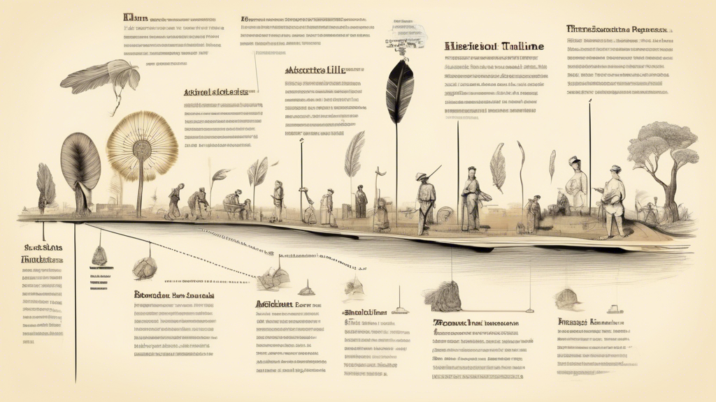 Create an image that depicts the evolution and impact of articles by illustrating a timeline. On one side, show historical articles such as hand-written manuscripts, early printed newspapers, and typewritten pages. As the timeline progresses towards the other side, transition into modern forms, including online articles, blogs, and social media posts on screens. Include visual elements like feather quills and ink wells for the past, and laptops and smartphones for the present. Highlight pivotal moments like the advent of the printing press and the digital transformation. Add symbolic representations of the impact on public opinion, such as people reading and sharing content, with icons for likes, shares, and comments. Use the theme article meaning to tie everything together visually.