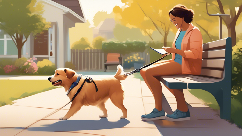 Create an image that depicts a serene, suburban backyard setting with a happy dog securely attached to a sturdy dog lead. The dog is joyfully playing while a pet owner watches attentively from a nearby bench. Include visual cues of safety tips such as proper attachment points, a well-secured lead, and the pet owner holding a checklist. Additionally, portray regular equipment checks with a second pet owner examining the lead for signs of wear and correct attachment. The overall scene should convey a sense of safety, responsibility, and enjoyment.