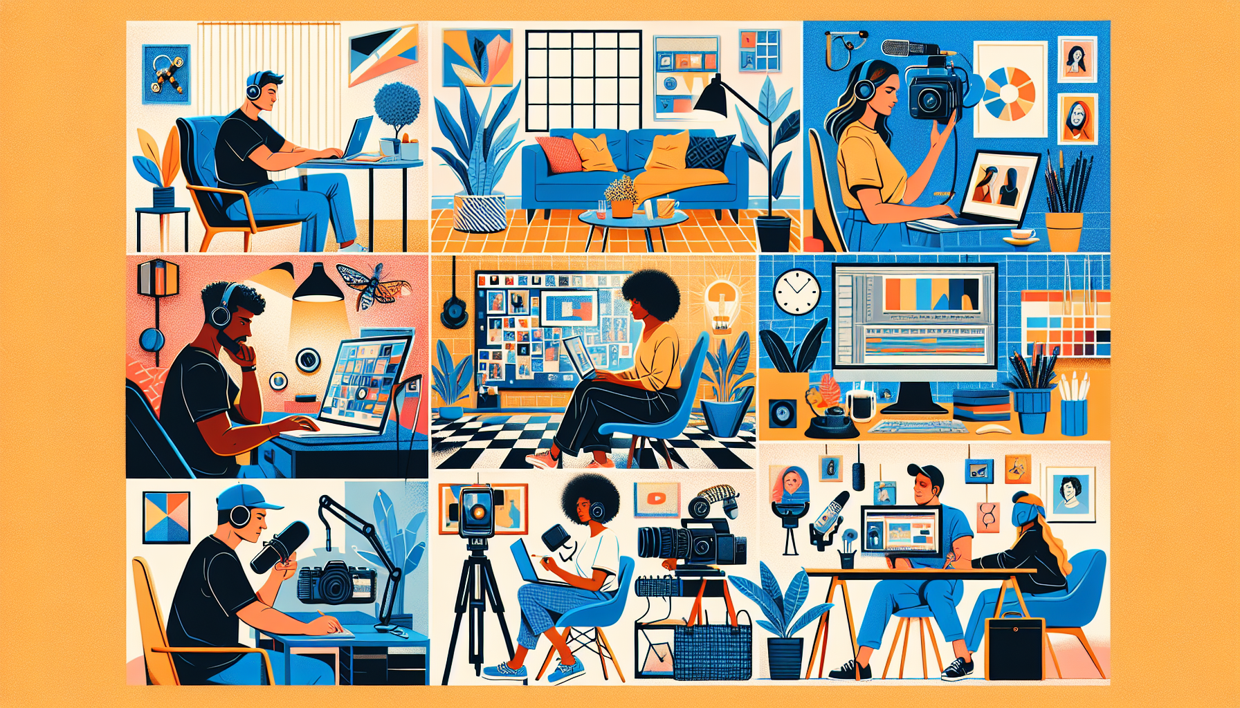 Prompt for DALL-E: An engaging collage illustrating the most profitable side hustles one can start from home. Include scenes of a freelancer working on a graphic design project, an e-commerce entrepreneur setting up an online store, and a digital content creator recording a podcast and editing a YouTube video. Each scene should highlight the comfortable and flexible home environment, with cozy home office setups and modern technology like laptops, microphones, and creative tools.