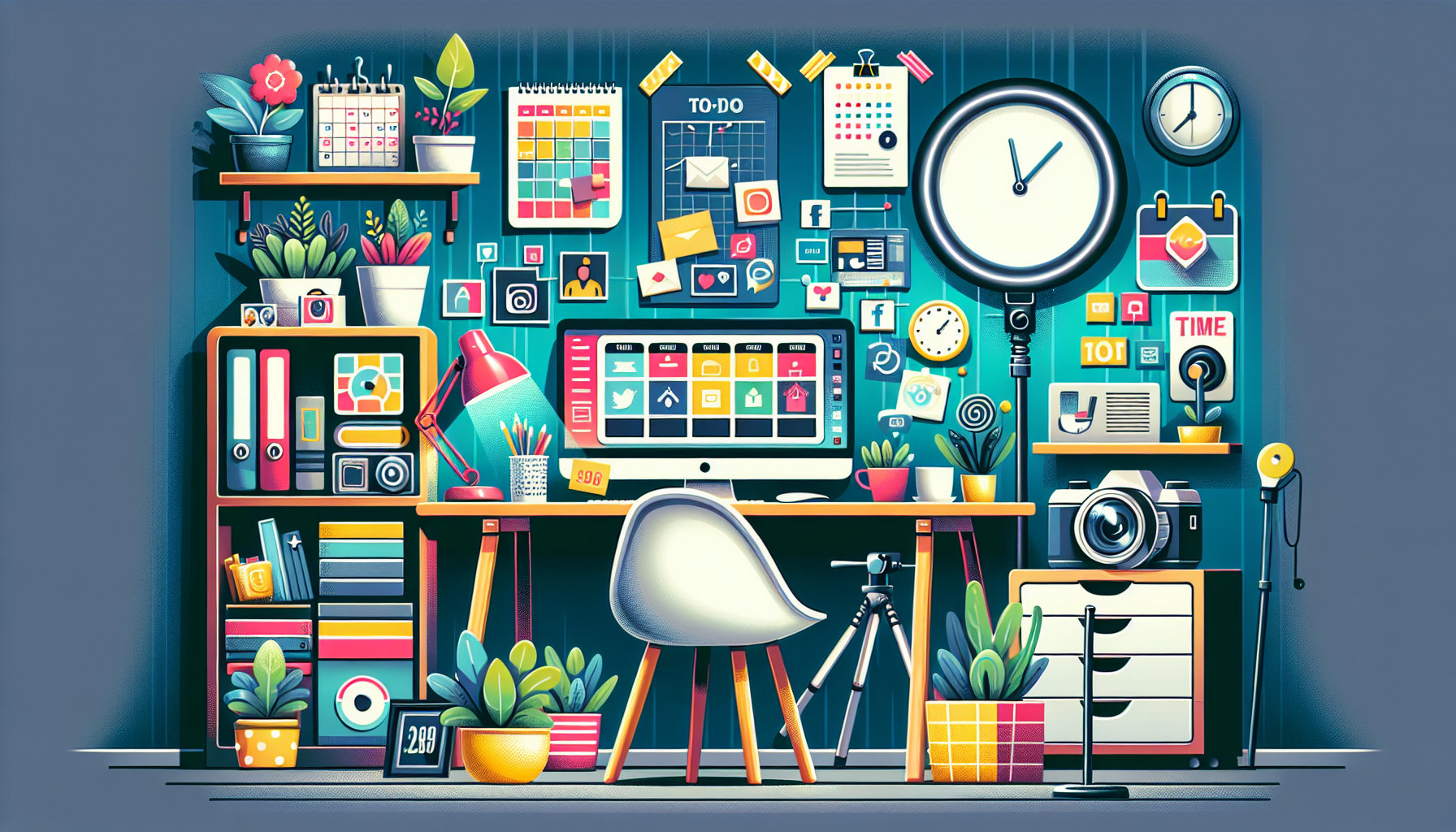 An image of a cozy home office setup with a desk, laptop, and various productivity tools. The space is well-organized with a clear emphasis on time management, featuring a wall calendar and to-do lists. In the background, there are elements that suggest building an online presence, such as a ring light, camera, and social media icons on a nearby screen. The overall atmosphere is inviting yet professional, symbolizing maintaining productivity and motivation while working on side hustles at home. 

Keyword: side hustles at home.