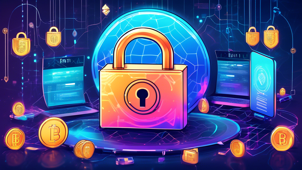 A highly secure cryptocurrency trading platform background scene: Visualize a digital trading interface with padlocks, shields, and compliance certificates prominently displayed. Incorporate elements like a shiny digital coin representing Gemini Crypto, multiple layers of cybersecurity symbols, and official documents depicting regulatory compliance. The overall image should exude a sense of high security, trustworthiness, and user protection.