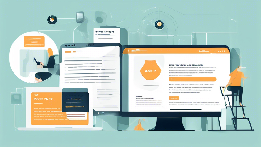 Create an illustration of a modern, professional website displaying a prominently positioned privacy policy section. Show clear steps for users to access, read, and acknowledge the privacy policy, with graphical cues like highlighted buttons, easy-to-read text, and interactive elements. Include visuals of devices (desktop, tablet, smartphone) demonstrating how the privacy policy is integrated across different platforms. Illustrate the importance of user awareness with icons of notifications, checkboxes for consent, and a friendly, informative design.