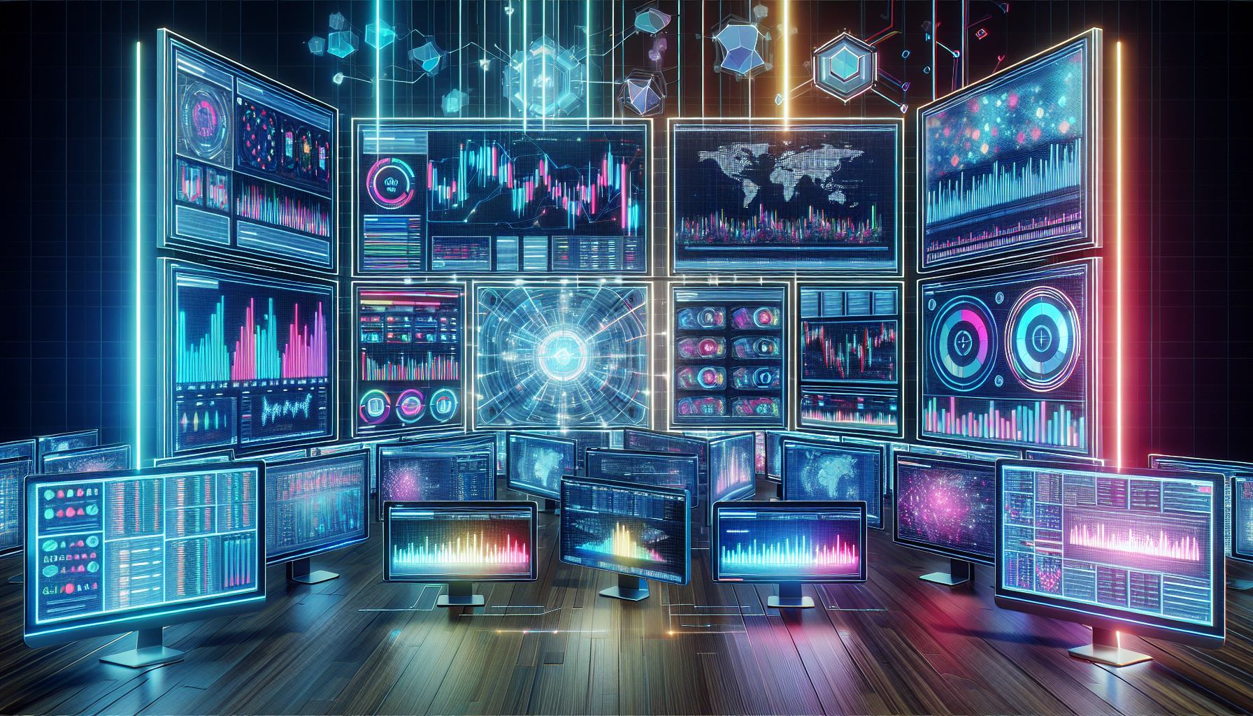 A detailed and futuristic digital illustration showcasing multiple AI-driven cryptocurrency trading platforms. The image features various computer screens and dashboards displaying algorithmic charts, real-time market analysis, and trading signals. Each platform highlights its unique functionality through distinct, colorful interfaces. The background should depict a modern, high-tech environment with ambient lighting and holographic elements to emphasize the advanced technology being used.