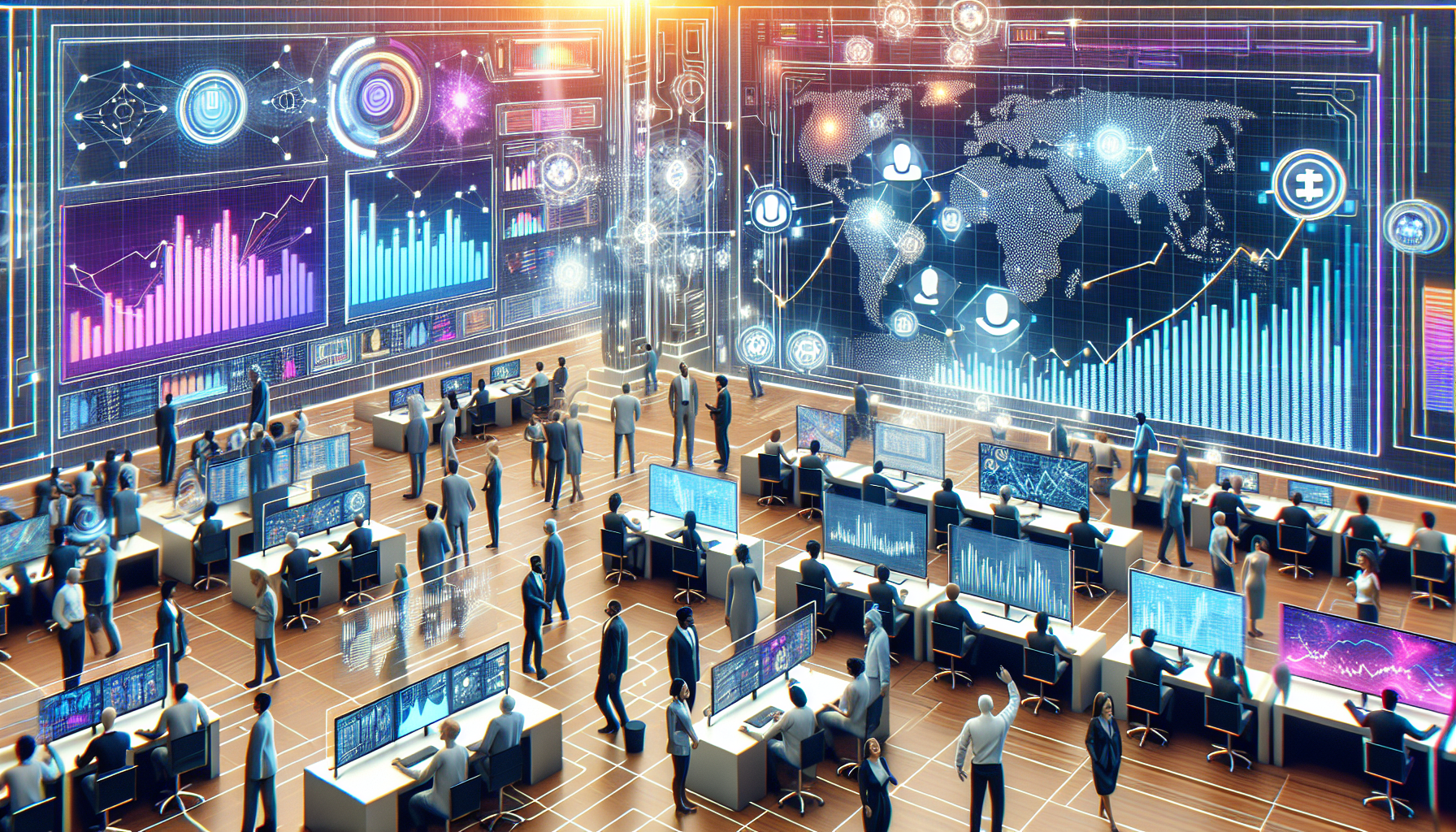 Create an image that shows a futuristic trading floor with advanced AI technology and holographic displays. The scene should portray the evolution of AI in cryptocurrency trading, with traders interacting seamlessly with AI systems, analyzing data, and making predictions. Include elements that highlight the convergence of cutting-edge technology and financial markets, such as digital graphs, futuristic user interfaces, and an overall sense of innovation and progression.