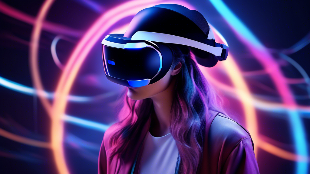 Create an image of the PSVR2 headset highlighting its immersive audio capabilities. Show the headset emitting vibrant 3D audio waves enveloping a user who is deeply engrossed in a virtual reality game. Illustrate spatial sound elements with directional indicators and include built-in microphones. Display the adaptive audio settings on a futuristic, holographic interface in the background. Make sure the design reflects the high-tech nature of the PSVR2 headset and enhances the sense of immersion.
