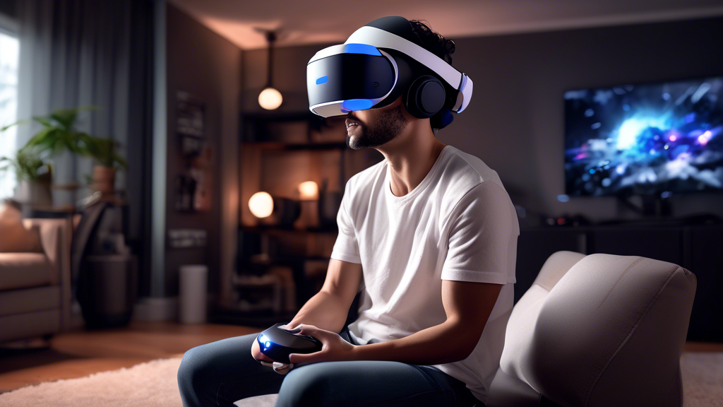 Create an ultra-realistic image of the new PSVR2 headset being worn by a gamer in a futuristic, cozy living room. The focus should be on the ergonomically designed headset, showcasing its improved design for extended wear, weight distribution, and personalized fit. Highlight the materials used for comfort and durability, with soft cushions and adjustable straps. The background should feature a sleek, modern gaming setup accentuating the comfortable and high-tech atmosphere. Keywords: psvr2 headset, ergonomic design, comfort, gamer, futuristic living room.