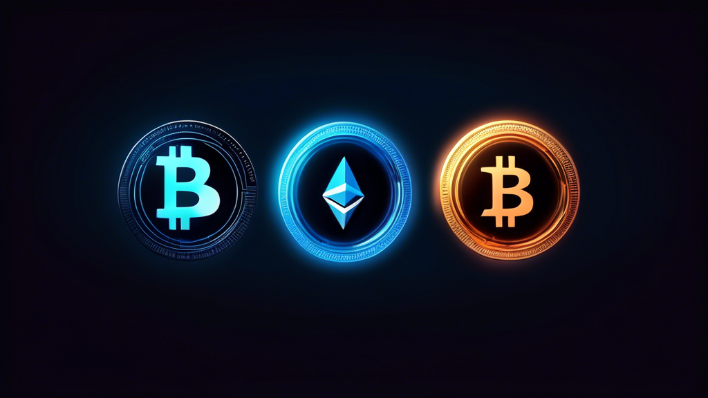 Create an image showing three glowing digital coins – Bitcoin (BTC), Ethereum (ETH), and Litecoin (LTC) – set against a dark, sleek background that evokes the high-tech nature of cryptocurrencies. The Bitcoin coin should be prominently featured in the center with its iconic logo, while the Ethereum and Litecoin coins should be positioned slightly behind and to the sides, showcasing their respective logos. Add a subtle neon glow to the edges of the coins to enhance the futuristic feel. In the background, faint outlines of casino elements like poker chips, dice, and playing cards should be visible, blending into the dark atmosphere without distracting from the main focus on the top cryptocurrencies for online casino gaming.