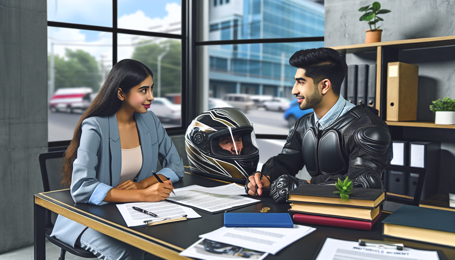 An attentive Carmel motorcycle accident lawyer in a modern office, reviewing a detailed traffic accident report on a large desk covered with legal documents, while consulting with a client who is dressed in motorcycle gear. Ensure the scene includes visible certifications of the lawyer