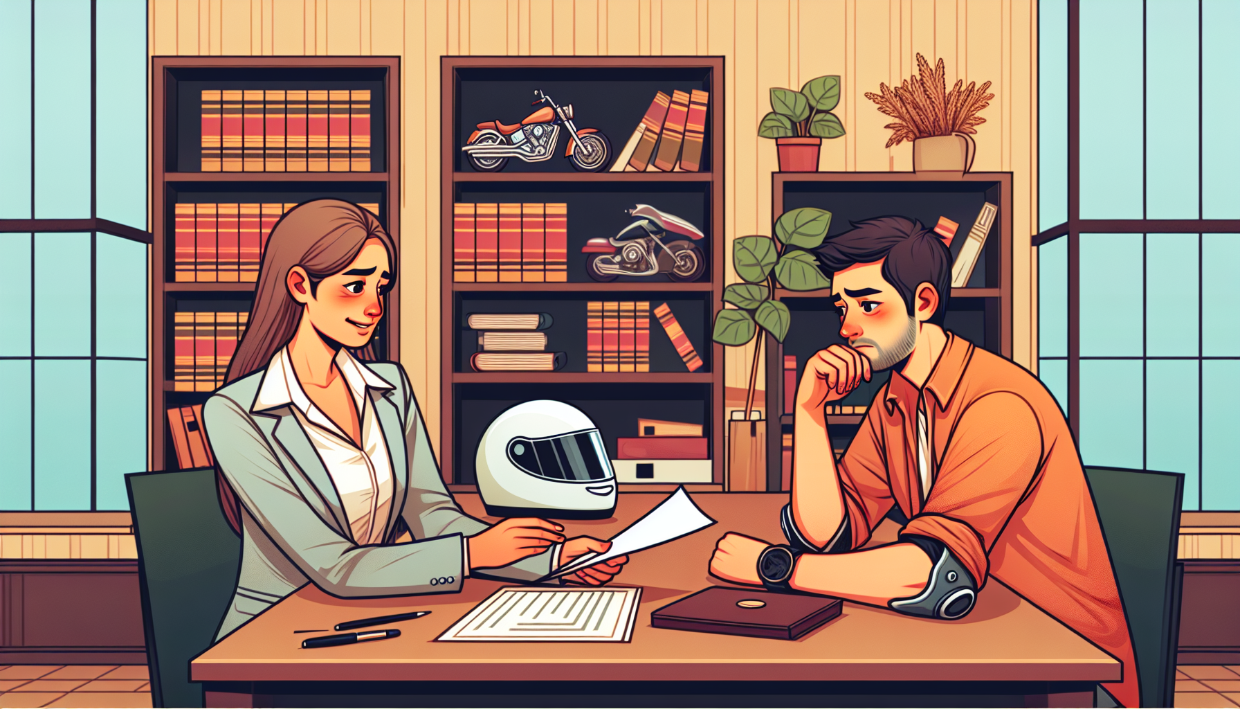 An illustration of a content, focused lawyer in a meeting with a distressed motorcycle accident victim in an office setting in Carmel. The lawyer is showing documents and explaining the steps of filing a claim while comforting the client. The office is warm and welcoming, with legal books and motorcycle helmets displayed in the background.