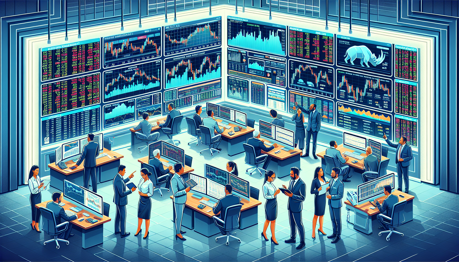 Title: Traders Strategizing to Manage and Meet Interactive Brokers Maintenance Margin Requirements

Description: A professional and modern trading environment with multiple computer screens displaying stock market charts and data. Traders are engaged in discussions, some pointing at the screens while others take notes. Highlight calculators, notepads, and phones, symbolizing active monitoring and adjustments of positions. Incorporate subtle references to Interactive Brokers, such as logos or branded stationery, to contextualize the setting. Capture a sense of focused, collaborative efforts to manage and meet maintenance margin requirements effectively.