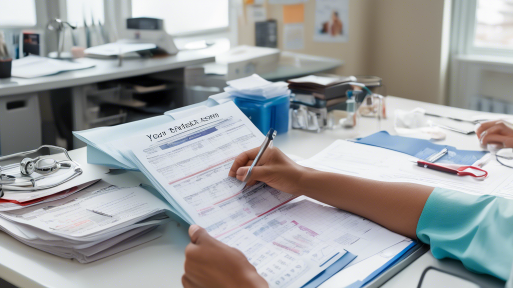 Create an illustrative scene of a person organizing their medical documents and history in preparation for a commercial medical exam. The setting is a tidy, well-lit desk with organized files, a checklist, and some medical reports. A calendar on the wall has the exam date circled, and there is a book titled “Preparing for Your Commercial Medical Exam” open on the desk. The person in the image looks focused and determined.