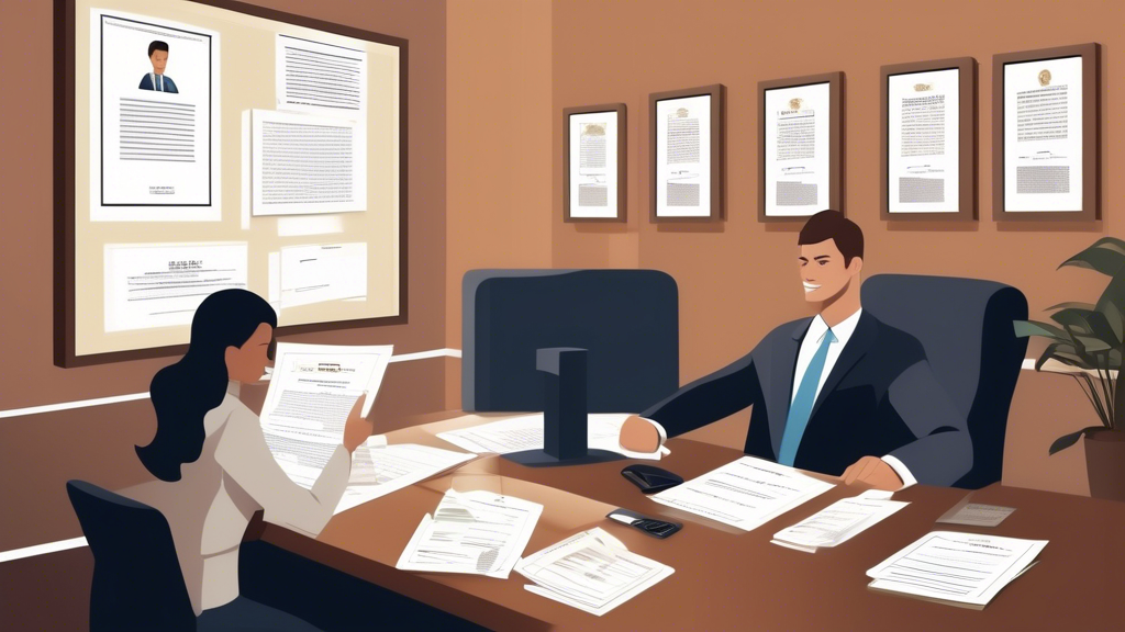 Prompt for DALL-E: An image illustrating the key factors in choosing accident injury attorneys. Depict a professional office setting where a client sits across from an attorney, reviewing documents together. Include visual elements representing experience and specialization, such as legal certificates on the wall, awards, and a bookshelf with law books. Show a computer screen displaying positive online reviews and client testimonials. Emphasize a sense of clear communication with the client holding a pen and a notepad, indicating they’re engaged and making notes. The attorney should appear approachable and focused, symbolizing accessibility and professional dedication.