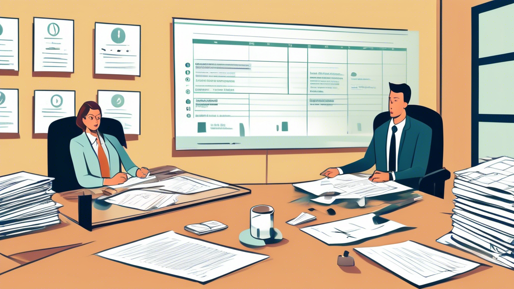 Create an illustration showing a professional office environment where a client is meeting with an accident injury attorney. On the desk between them, prominent legal documents and a calculator can be seen. A whiteboard in the background lists different fee structures such as 