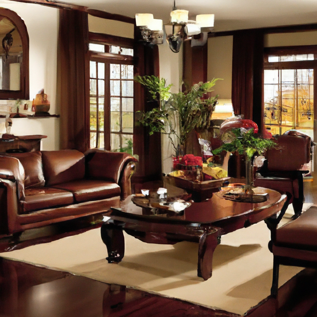 Create an image featuring an elegantly designed living room showcasing mahogany teakwood furniture, including a sophisticated sofa set, coffee table, and cabinets. Highlight the rich tones and intricate grain patterns of the wood. The background should include stylish mahogany teakwood flooring and decorative panels, accentuating the refined ambiance. Inset elements like designer vases or lamps can enhance the luxurious appeal, presenting why interior designers choose mahogany teakwood for its elegance.
