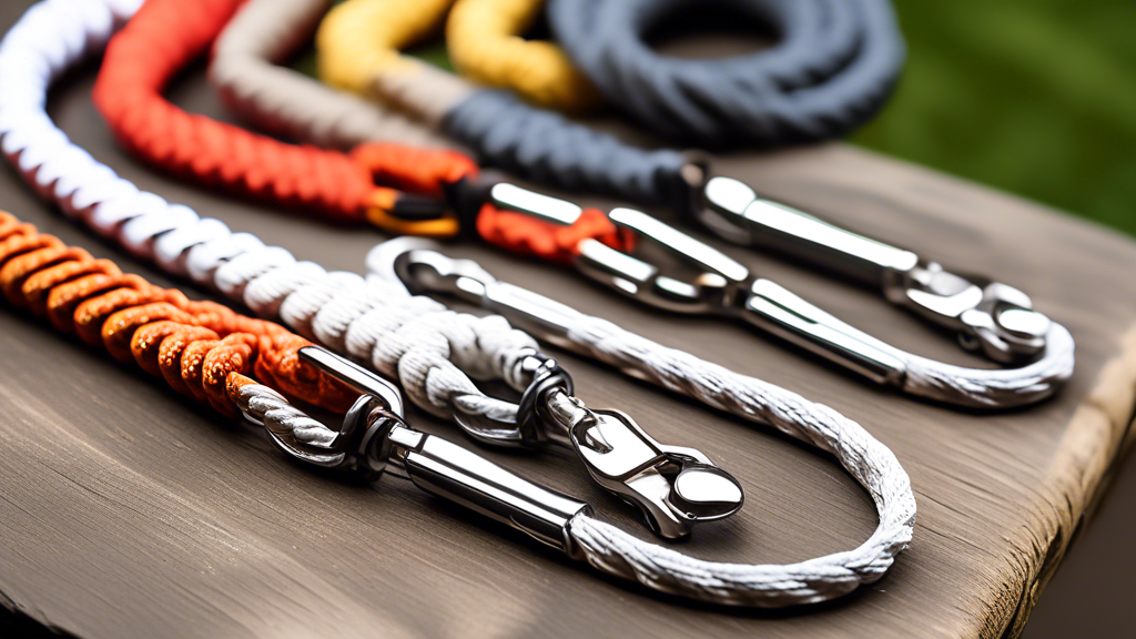A detailed close-up of various rope dog leads showcasing different materials. Highlight a lead with a comfortable ergonomic handle, a strong, reflective material woven into the rope, and a sturdy metal clip at the end. Emphasize the durability and safety features, with some of the leads knotted securely. The setting can be an outdoor environment, such as a park or garden, to hint at practical use.