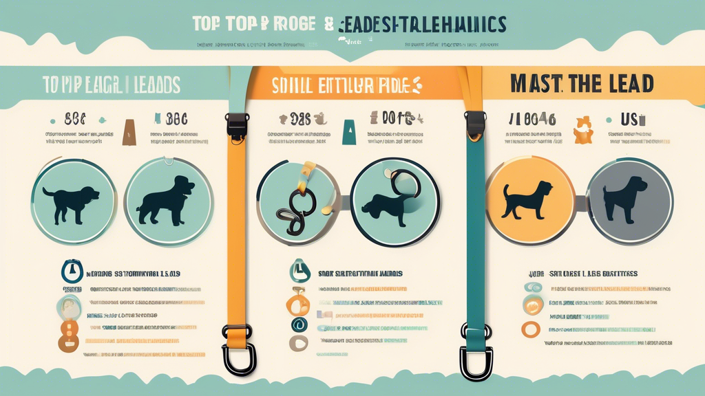 Create an infographic-style image that showcases a comparison of the top rope dog leads on the market. The image should include detailed sections for each featured brand with key specifications, customer feedback ratings represented by star icons, price ranges, and notable features such as reflective materials or ergonomic handles. Use a clean, modern design with appealing graphics of the dog leads and highlight the main selling points for each option.