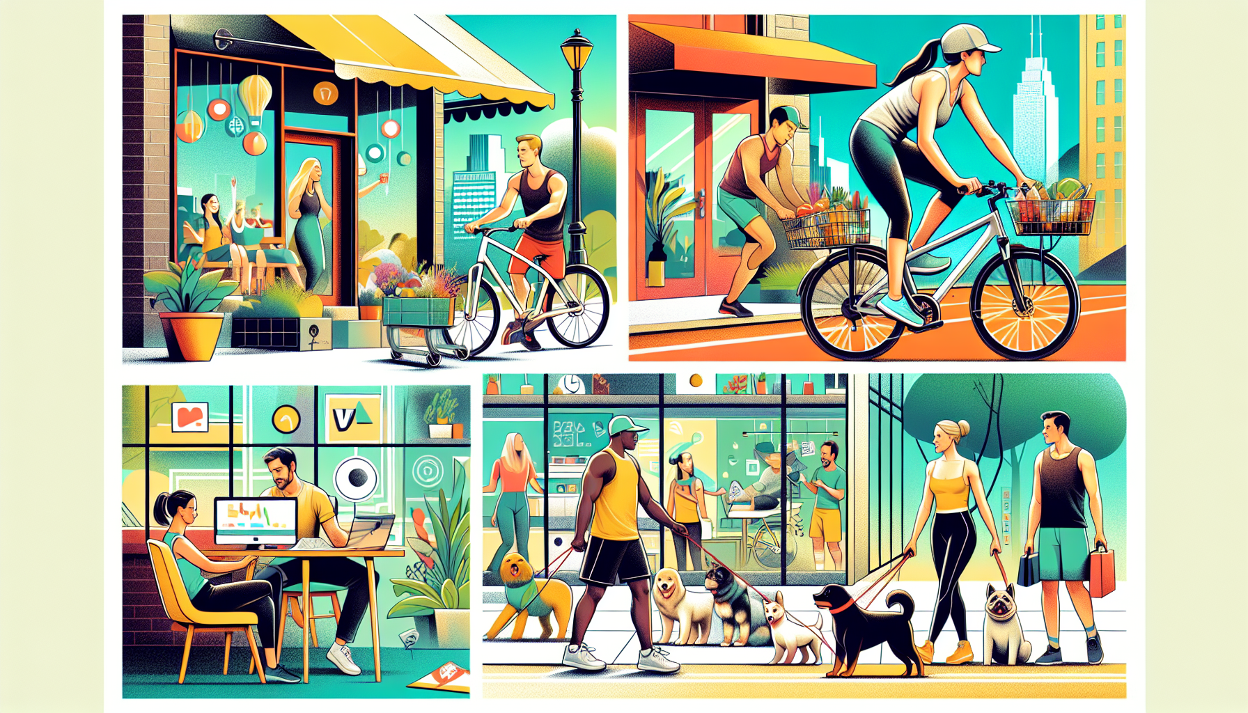 Create an image depicting a busy, modern urban setting with individuals engaged in various high-demand service-based side hustles. Show a person delivering groceries on a bike, another walking dogs, a fitness trainer conducting an outdoor session, and a tech-savvy individual offering IT support to a small business. Highlight the benefits, essential skills like multitasking, communication, and customer service, emphasizing a dynamic, bustling atmosphere to capture the essence of top side hustles 2023.