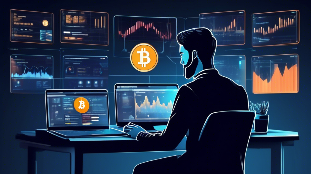 Create an image that shows a person sitting at a desk with multiple devices (smartphone, tablet, laptop) displaying different cryptocurrency trading applications. The screens should show user-friendly interfaces with charts and graphs, emphasizing criteria such as intuitive design, security features, low transaction fees, a variety of cryptocurrencies, and advanced trading tools. Ensure the background has subtle elements like padlocks or shield icons to represent security and trust.