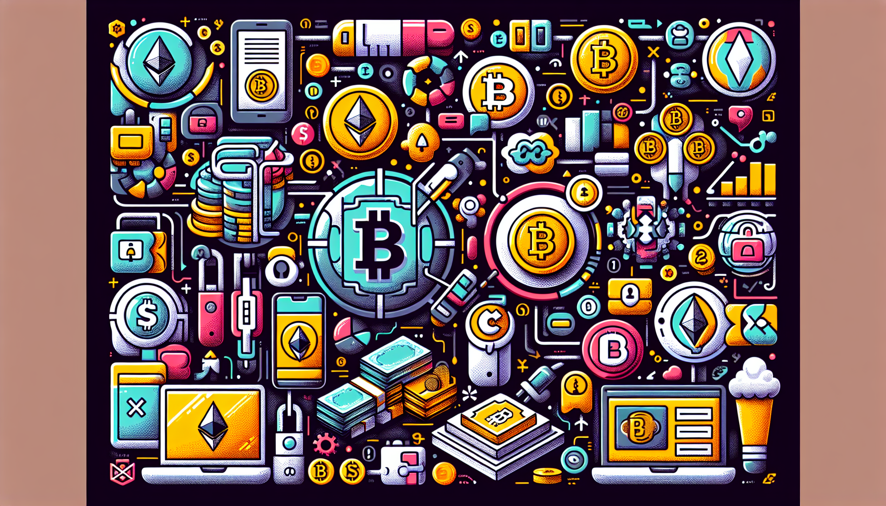 Create a detailed illustration showcasing essential tools and platforms for beginners in crypto trading. The image should include a visual representation of choosing the right cryptocurrency exchange, a list of beginner-friendly trading tools and resources such as mobile apps, and emphasize the importance of security measures like hardware wallets and two-factor authentication. The style should be modern and informative, incorporating key symbols and icons related to cryptocurrency to help new traders understand the essentials.