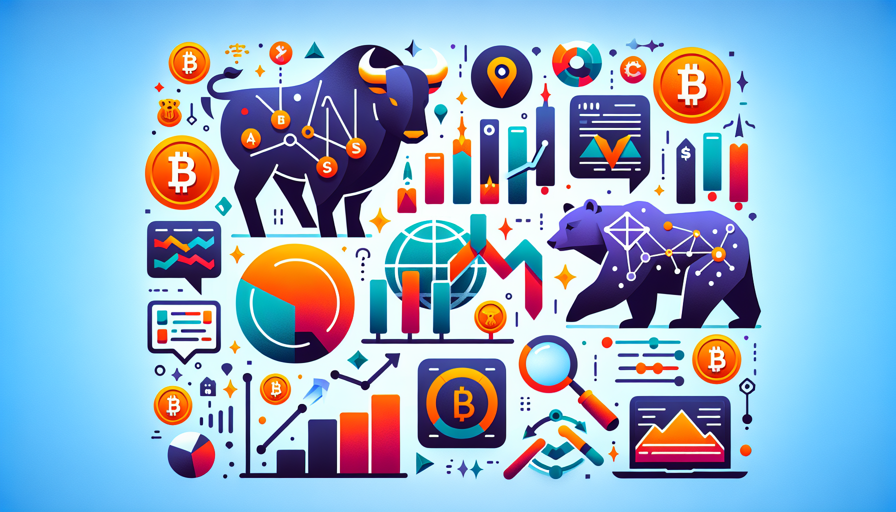 Create an image that visually represents a comprehensive guide for beginners on top strategies for successful crypto trading. The image should include various elements such as a bull and bear to symbolize market trends, candlestick charts, and icons representing different trading strategies like HODLing and day trading. There should also be symbols or icons showing risk management and market analysis, such as a news feed or magnifying glass on a chart, to emphasize the importance of staying updated with crypto news. Use a modern, informative style that appeals to beginners in the field.