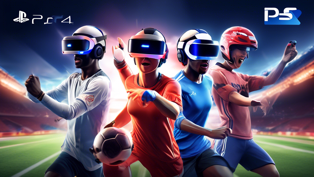 Create an image that illustrates the excitement and realism of top-rated sports and simulation games available on PSVR for PS4. Include a virtual reality headset in the foreground, with vivid scenes of various sports like racing, soccer, and flight simulation in the background. Add details like user interface elements showing community feedback and ratings for these games. The overall mood should be dynamic and engaging, highlighting the immersive gameplay experience unique to PSVR. Keywords to keep in mind: PSVR, PS4, sports, simulation, realism, community feedback, exciting gameplay.