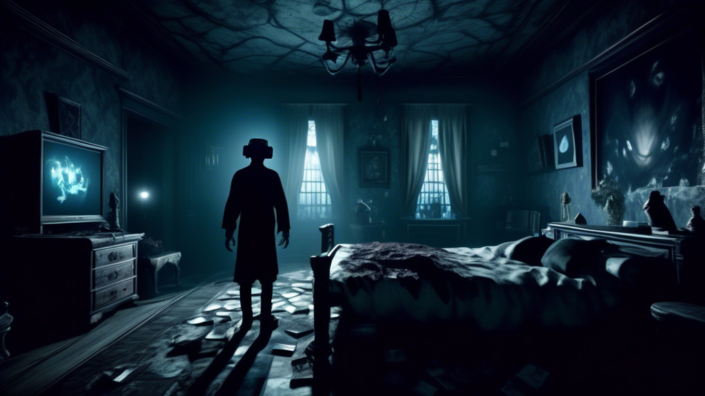 Create an image of a room with eerie, dim lighting showing a player fully immersed in a PSVR game on the PS4. The player is surrounded by ghostly apparitions, dark shadows, and challenging puzzle elements hovering in mid-air, representing the spine-chilling horror and intricate puzzles of the games. The player