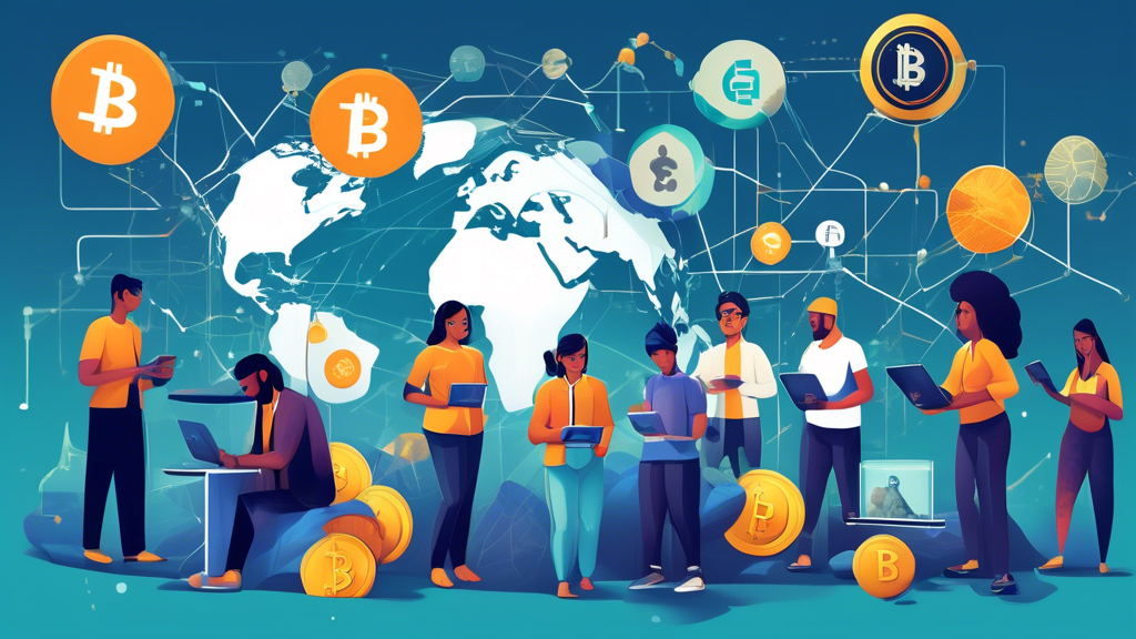 Create an image that visually represents the multifaceted journey of crypto-driven financial inclusion. In the foreground, depict a diverse group of people from different parts of the world engaging with crypto on their mobile devices. In the background, illustrate various elements symbolizing regulatory hurdles (such as gavel and scales), technological barriers (like a broken chain connected to a WiFi signal), and emerging innovations (blockchain networks, futuristic digital wallets). Ensure the image evokes a sense of global connectivity, challenges, and forward-looking progress in the realm of financial inclusion through cryptocurrency.