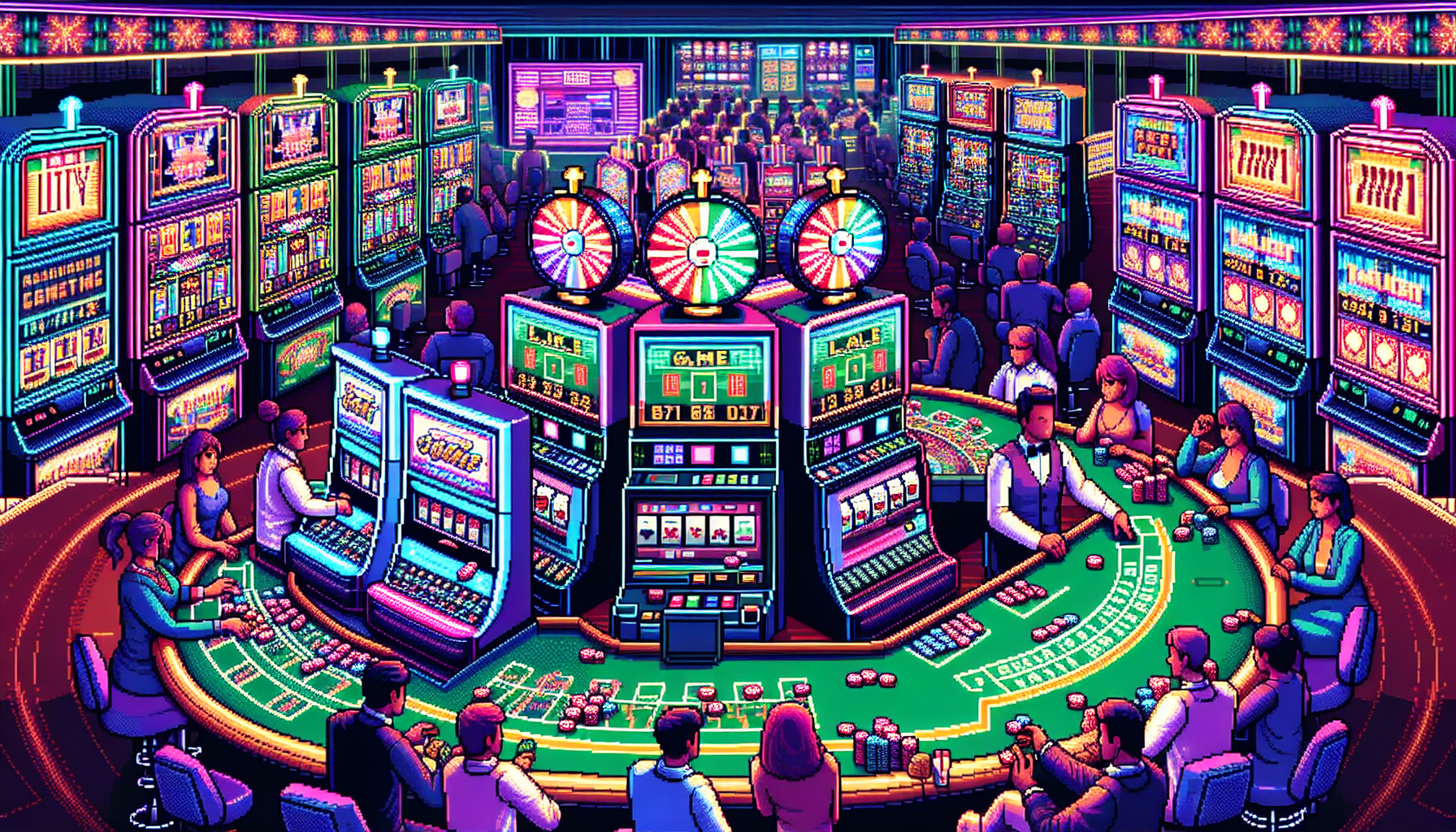 Create an image that captures the excitement of ComeOn Casino games: A vibrant casino scene featuring an array of popular slot machines with colorful, animated reels displaying winning combinations. In the foreground, a live casino table with players enjoying a thrilling game of Blackjack, overseen by a professional dealer. Include a digital display highlighting unique game categories and special promotions. Light up the scene with bright, dynamic casino lights for an engaging and lively atmosphere.