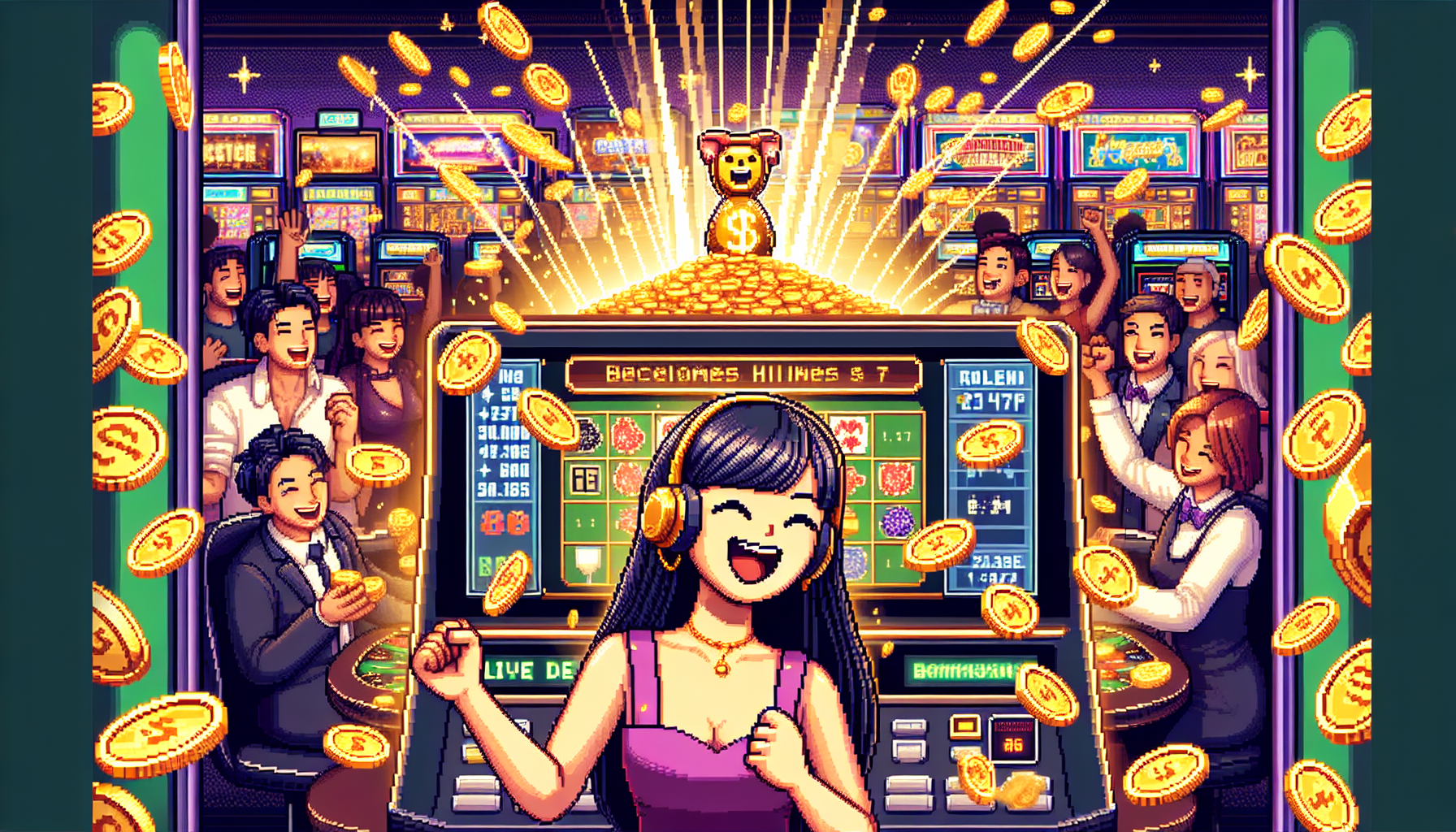 Create an illustration of a thrilling moment at ComeOn Casino: Viewing a new player, thrilled and excited, cheering as they win big on one of the popular slot games. Surround them with an aura of excitement and gold coins cascading from the machine. In the background, show glimpses of other players engaging happily in various games like roulette, blackjack, and poker, with a visible live dealer section. Incorporate elements like promotional banners and bonus icons subtly in the scene to highlight the understanding of bonuses and promotions. The overall vibe should be energetic and exhilarating, showcasing the peak of the ComeOn Casino experience.