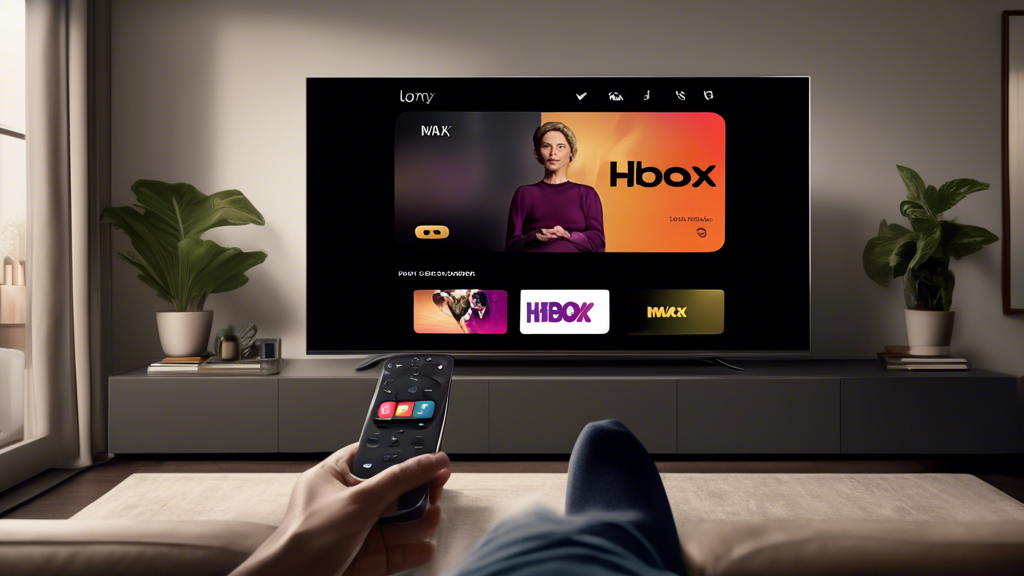 Create an image that captures the process of signing into HBO Max on a TV. The scene should include a modern living room with a large flat-screen TV. On the TV screen, display the HBO Max app interface, highlighting the login section. A person is seated on the couch, using a remote control to navigate through the app. The TV screen should show a username and password input field, emphasizing the login process. Surround the person with subtle visual cues to indicate user-friendliness, such as clear icons and easy-to-follow steps displayed on the TV screen. Make sure to incorporate elements that illustrate simplicity and accessibility, ensuring the viewer understands the straightforward nature of the sign-in process on a smart TV. Keywords to consider: hbomax tvsignin, technology, user-friendly, modern living room, streaming app.
