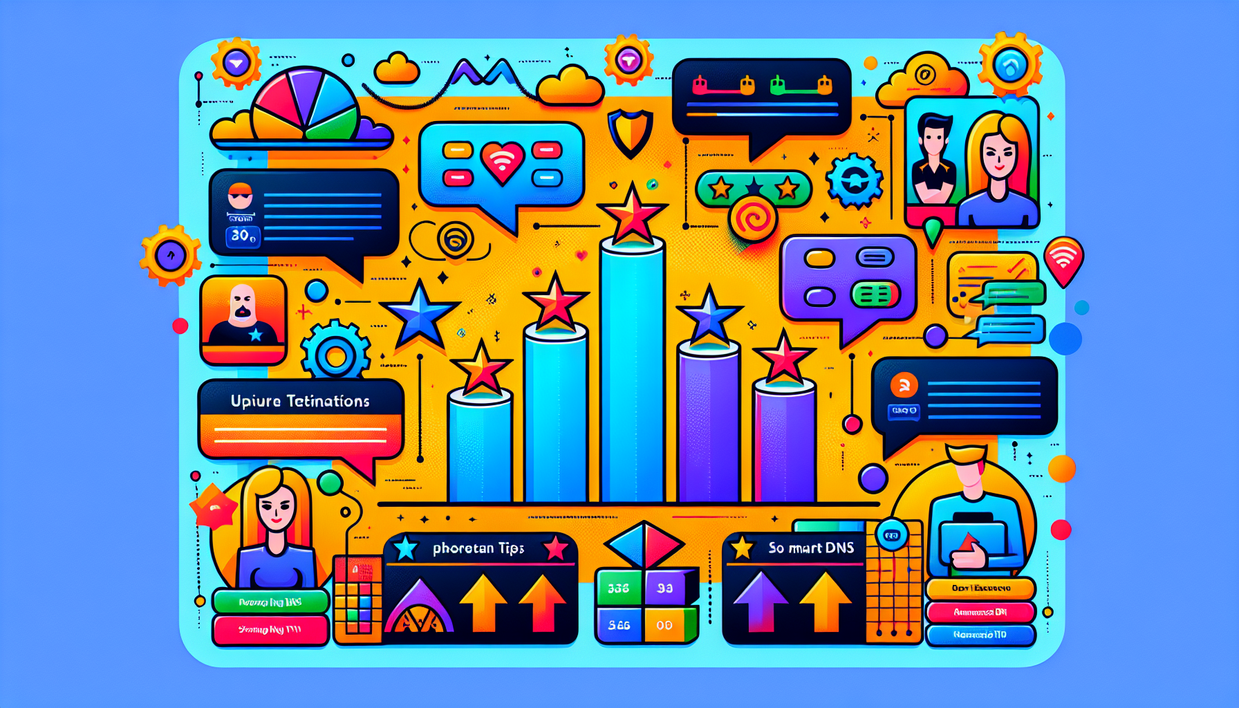Create an image showcasing a comparison chart of top Smart DNS providers with star ratings, user testimonials, and a list of practical tips for choosing the best Smart DNS for YouTube TV. Add a banner that says Enhance Your Streaming Experience at the top.